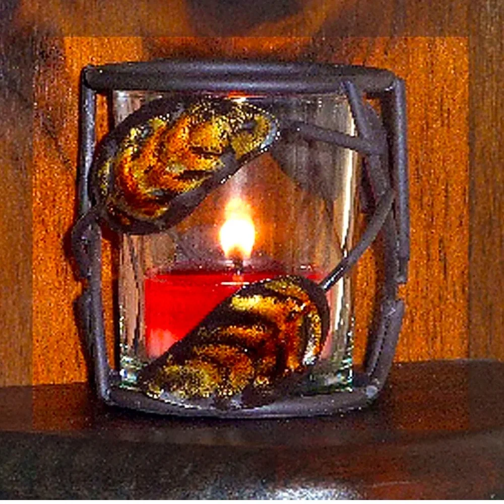 Set of 2 Copper Bronze Leaf Glass Votive Candle Holders Rustic Fall Decor